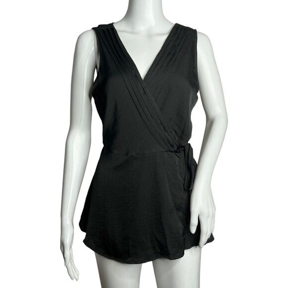 Modcloth Shirt Womens Medium Black Wrap Blouse Satin Sleeveless True Wrap Casual - Picture 1 of 7